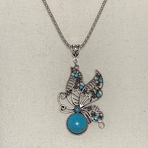 Silver Tone Necklace and Butterfly Pendant with Turquoise Stone